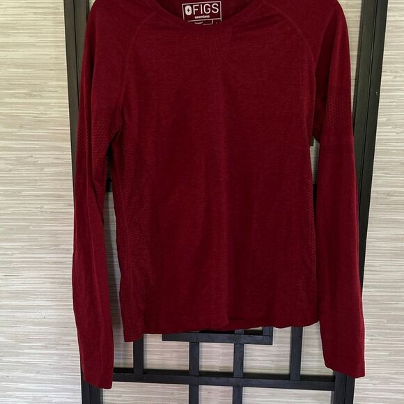 FIGS seamless tops long sleeve burgundy red with polkadot detail size L - Picture 1 of 6